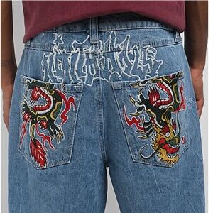 Ninth Hall Ambush Dragon Embroidered Medium Blue Jeans Loose Fit Y2K Sz 34